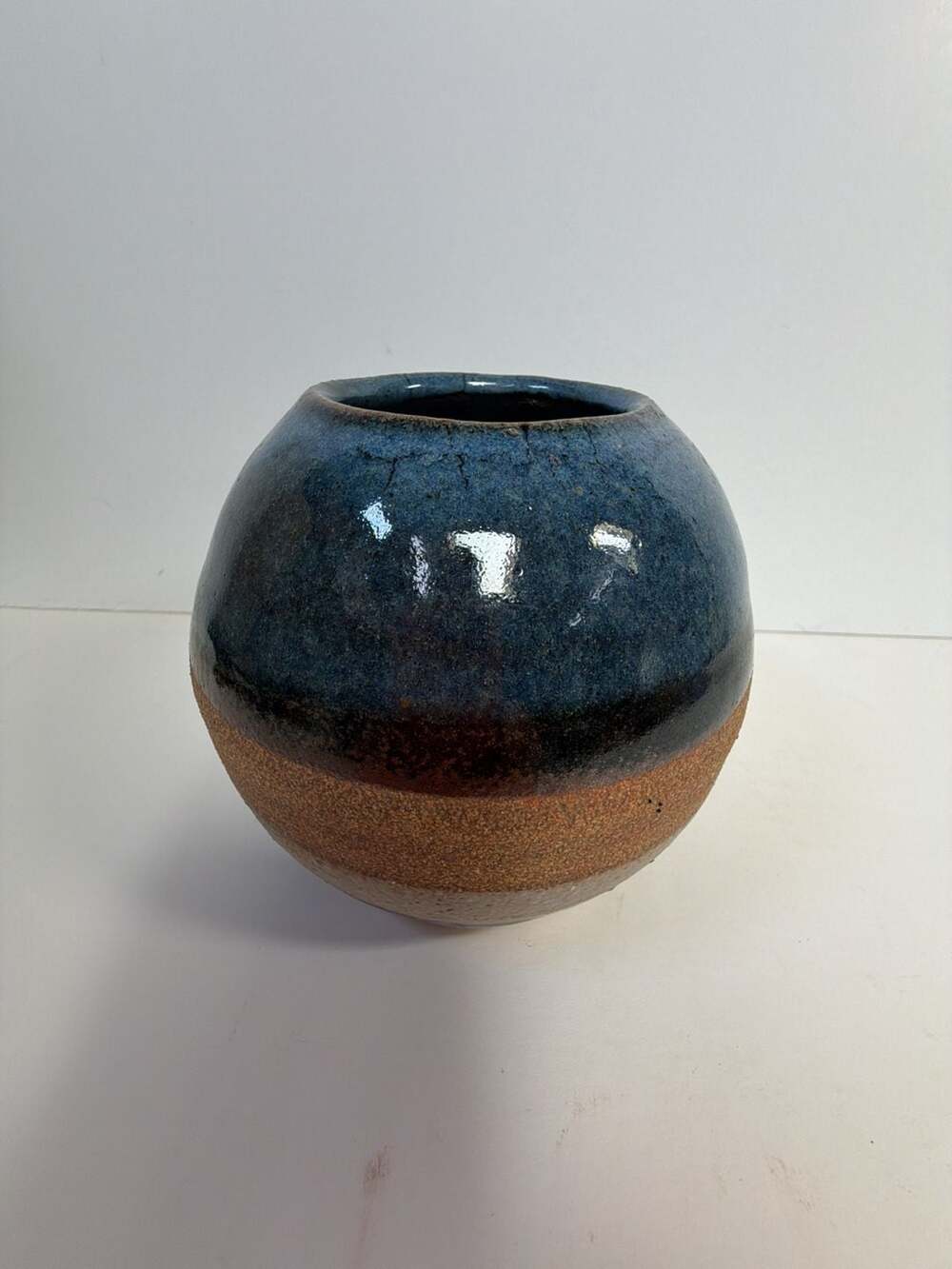 Handmade Studio Pottery Blue and Brown Glazedβ Sphere Vase